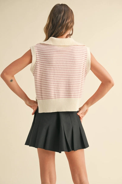 Pink V-Neck Stripe Collar Knitted Top