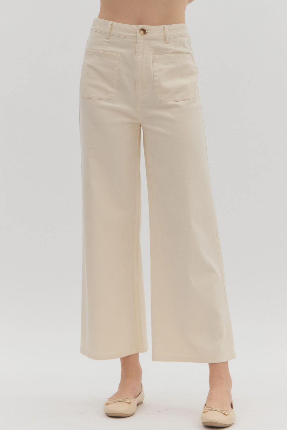 Ecru High Waisted Wide Leg Ankle Length Pant