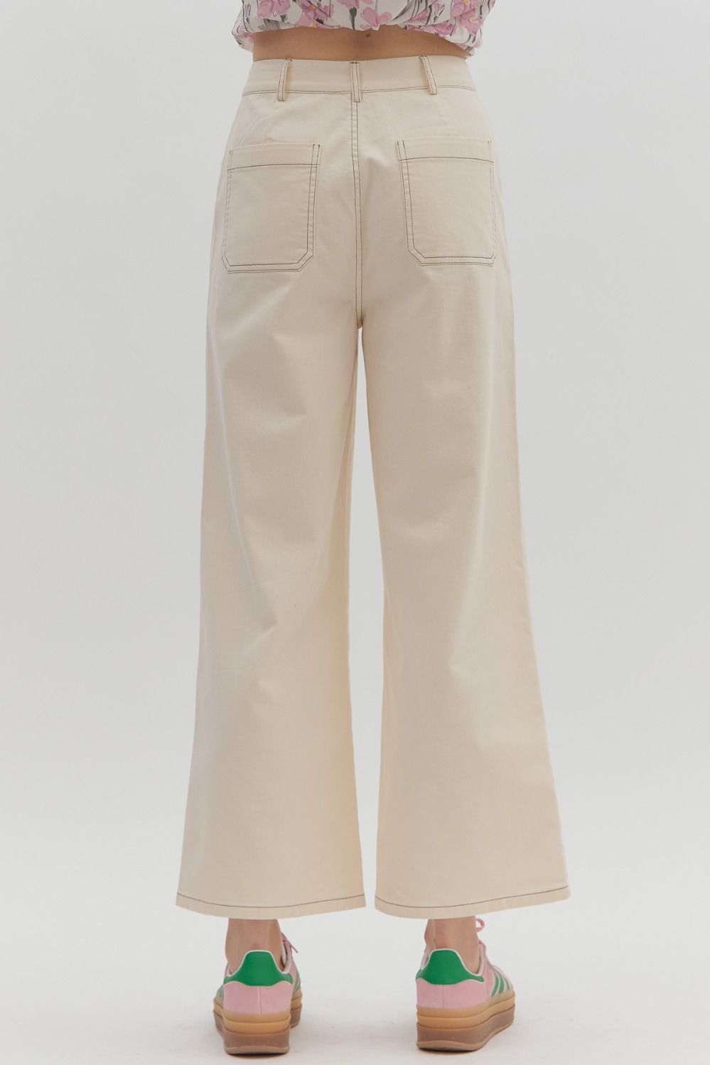 High Waisted Wide Leg Stitch Detail Pant with Patch Pockets