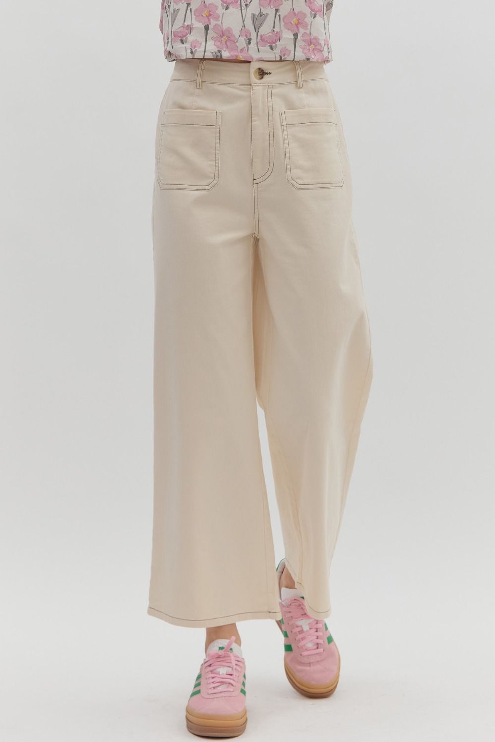 High Waisted Wide Leg Stitch Detail Pant with Patch Pockets
