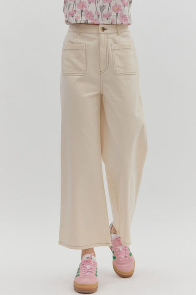 High Waisted Wide Leg Stitch Detail Pant with Patch Pockets
