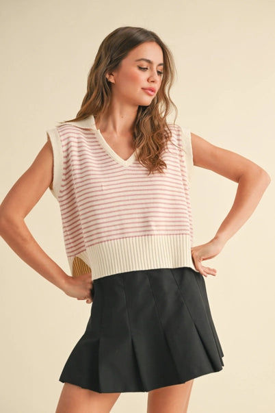 Pink V-Neck Stripe Collar Knitted Top