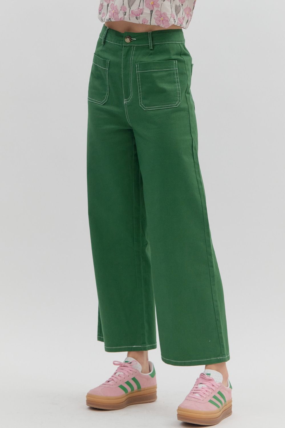 High Waisted Wide Leg Stitch Detail Pant with Patch Pockets