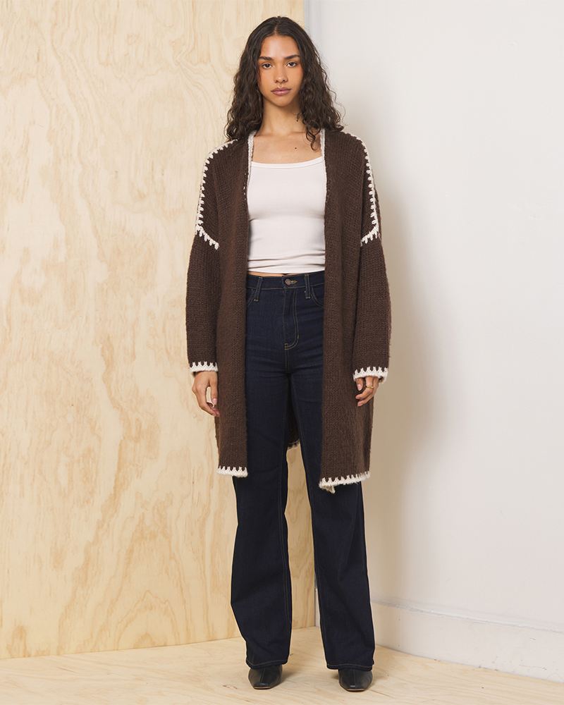 Game Day Open Front Cardigan in Brown OS