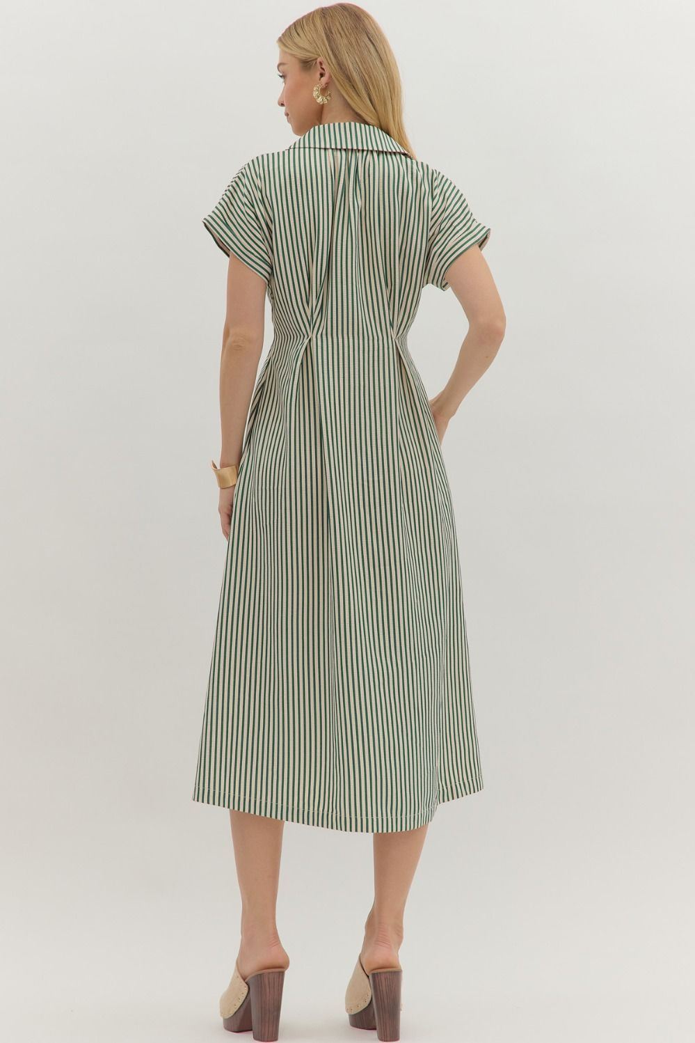Green Striped Short Sleeve Midi Dress with Fabric Covered Buttons Down Front