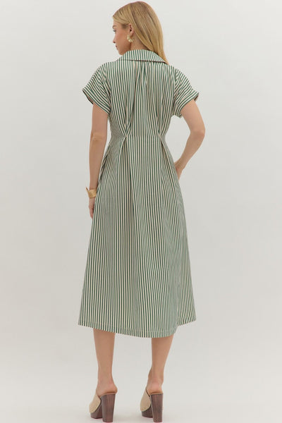 Green Striped Short Sleeve Midi Dress with Fabric Covered Buttons Down Front