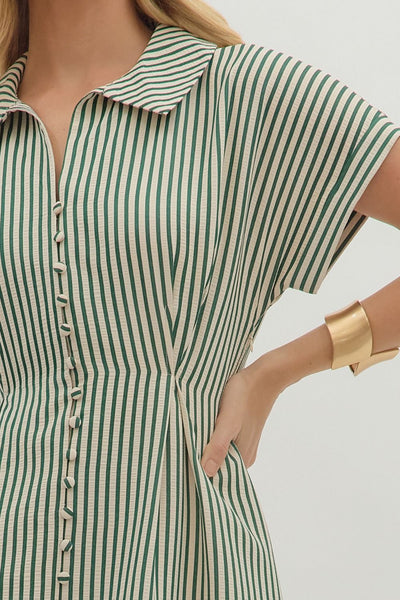 Green Striped Short Sleeve Midi Dress with Fabric Covered Buttons Down Front