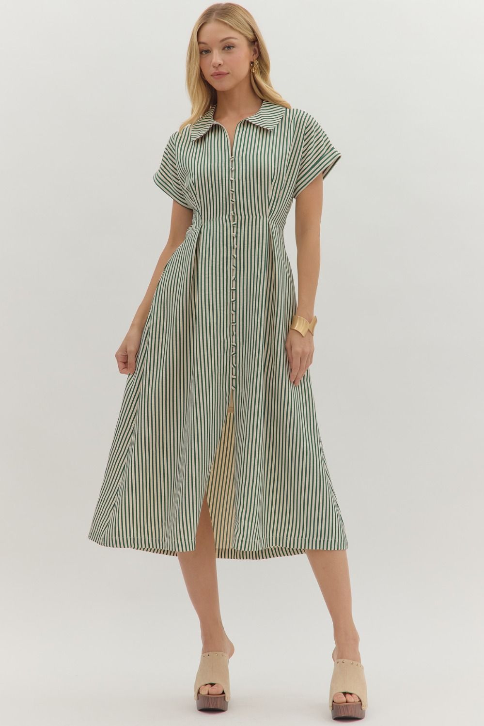 Green Striped Short Sleeve Midi Dress with Fabric Covered Buttons Down Front