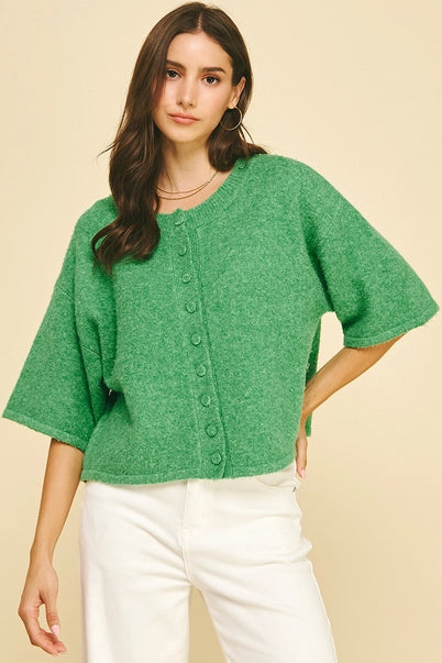 Green Button Down Short Sleeve Sweater