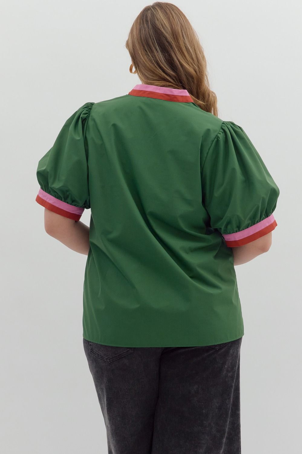 Green Blouse with Pink Contrast at Neck and Cuff