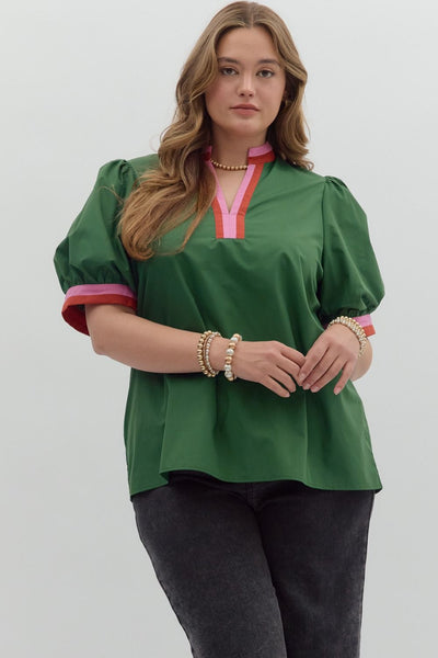 Green Blouse with Pink Contrast at Neck and Cuff
