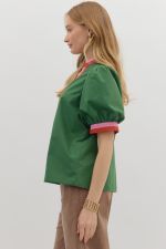 Green Blouse with Pink Contrast at Neck and Cuff
