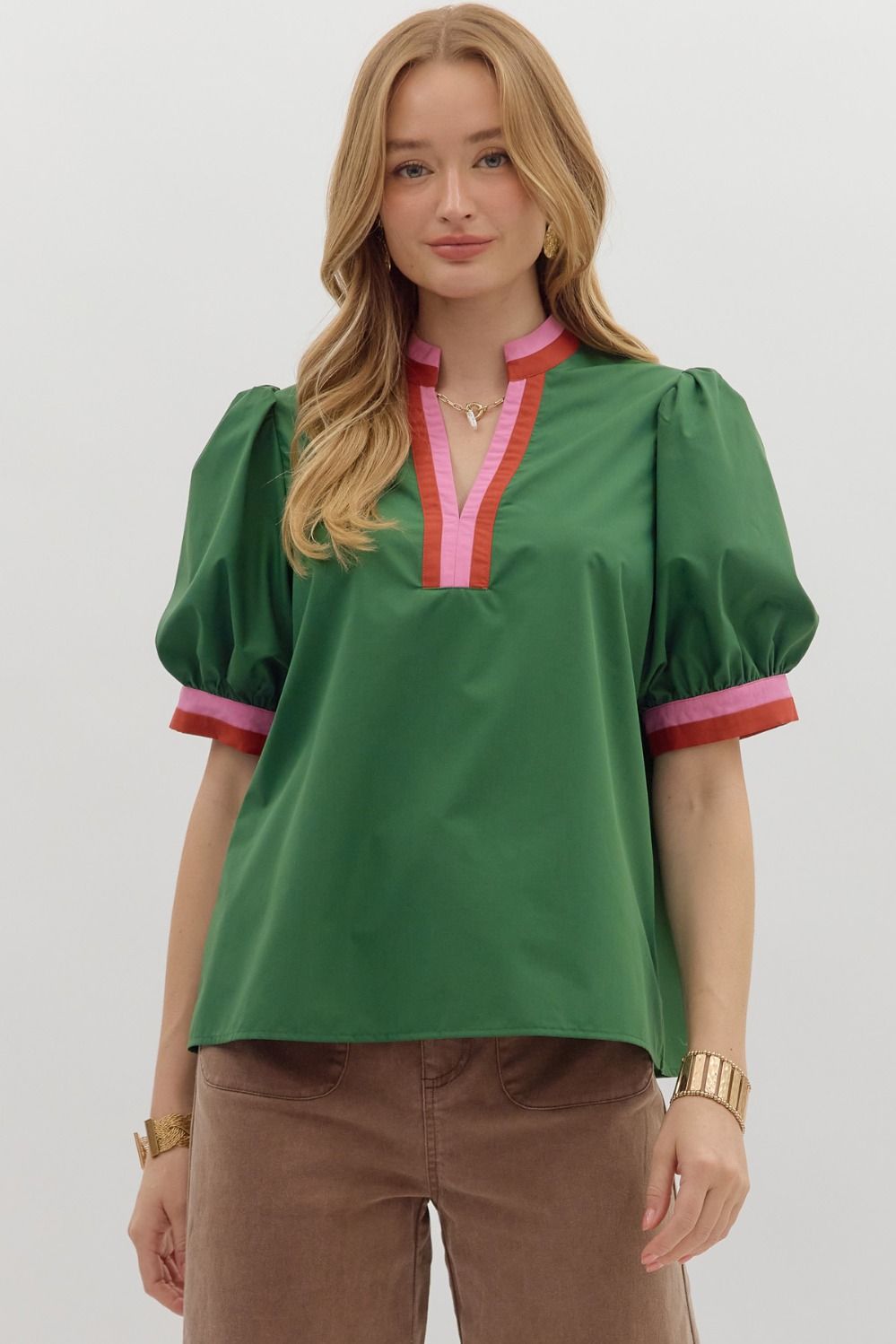Green Blouse with Pink Contrast at Neck and Cuff