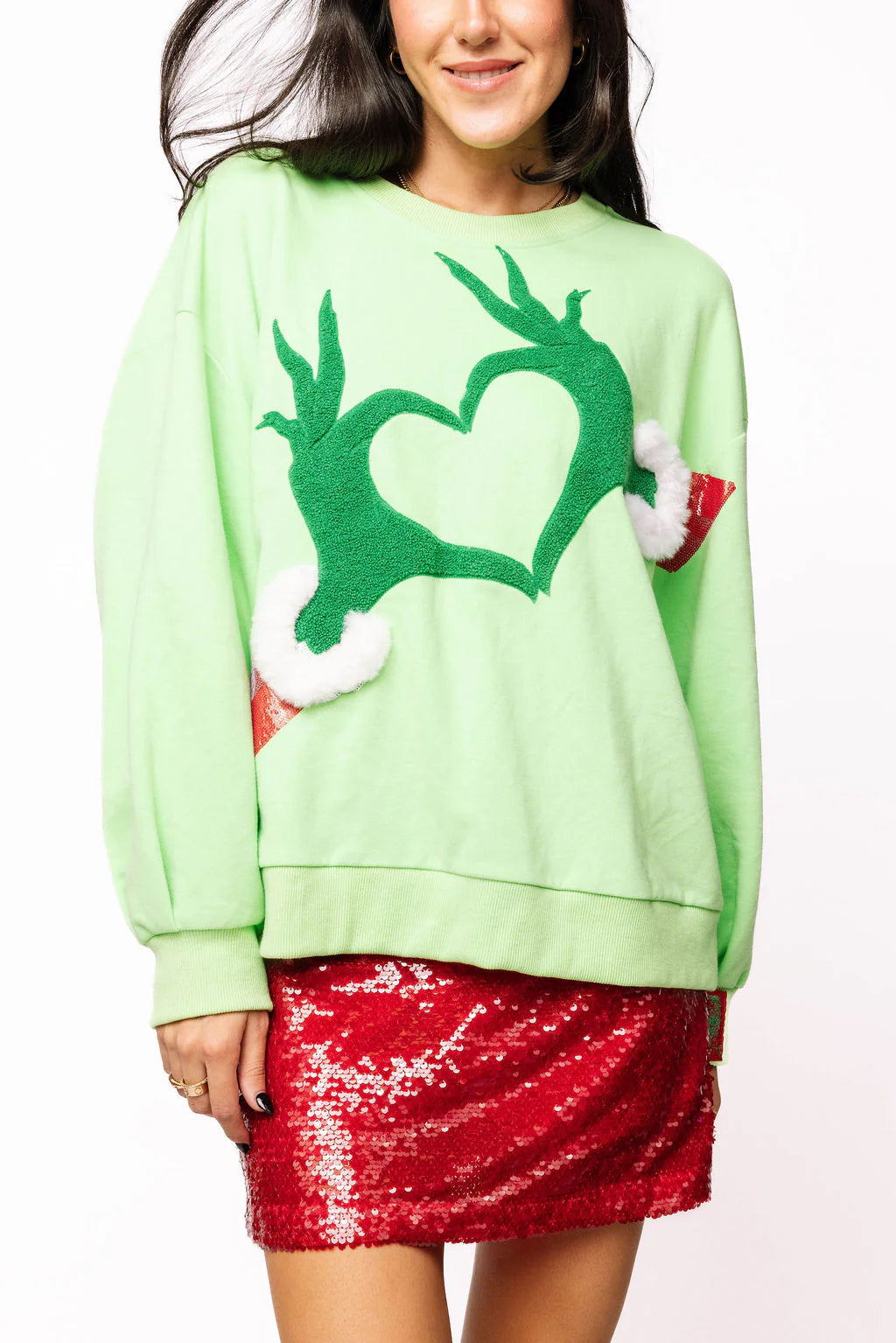 Green Grinch Heart Hands Sweatshirt QOS