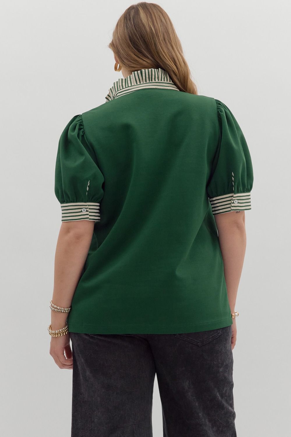 Hunter Green Pullover Polo Style Top with Contrast Stripe Ruffle Neck and Cuff