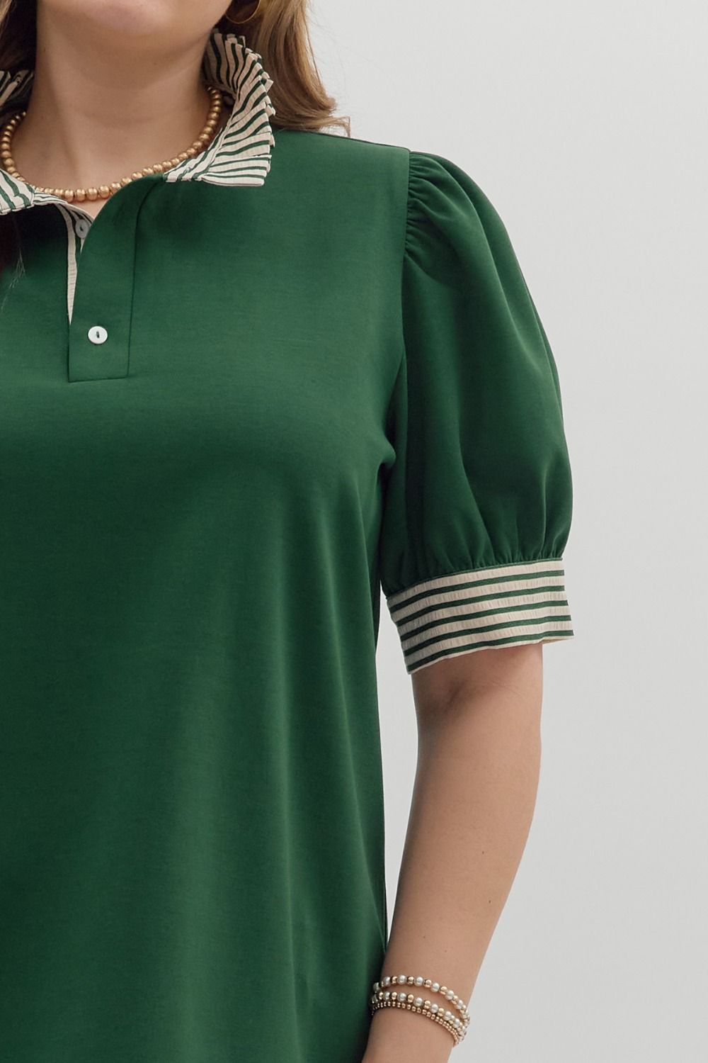 Hunter Green Pullover Polo Style Top with Contrast Stripe Ruffle Neck and Cuff