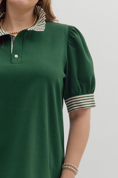 Hunter Green Pullover Polo Style Top with Contrast Stripe Ruffle Neck and Cuff