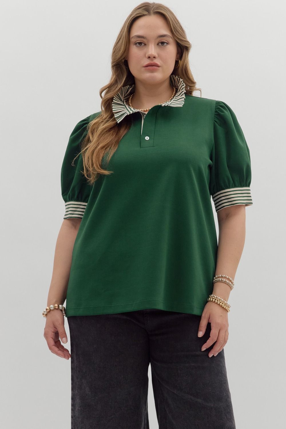 Hunter Green Pullover Polo Style Top with Contrast Stripe Ruffle Neck and Cuff