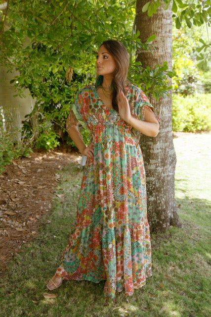 Multi Floral Long Pleated Dress