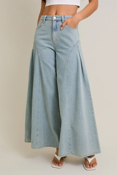 High-Rise Pleats Detail Flare Denim Pants