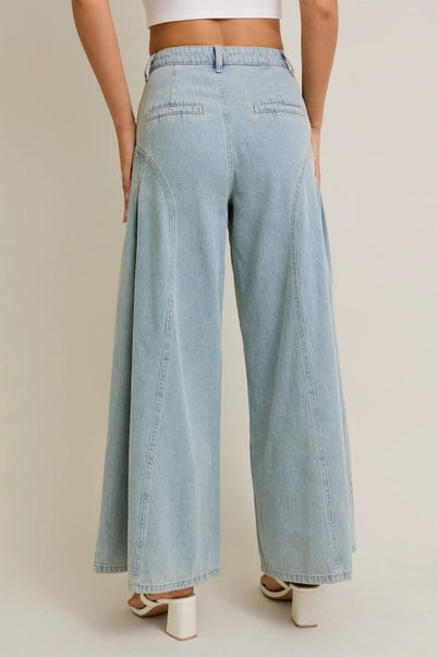 High-Rise Pleats Detail Flare Denim Pants