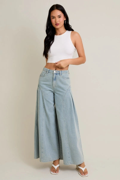 High-Rise Pleats Detail Flare Denim Pants
