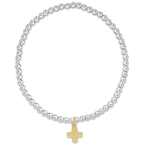 Classic Sterling Mixed Metal 2mm Bead Bracelet Signature Cross Small Gold Charm