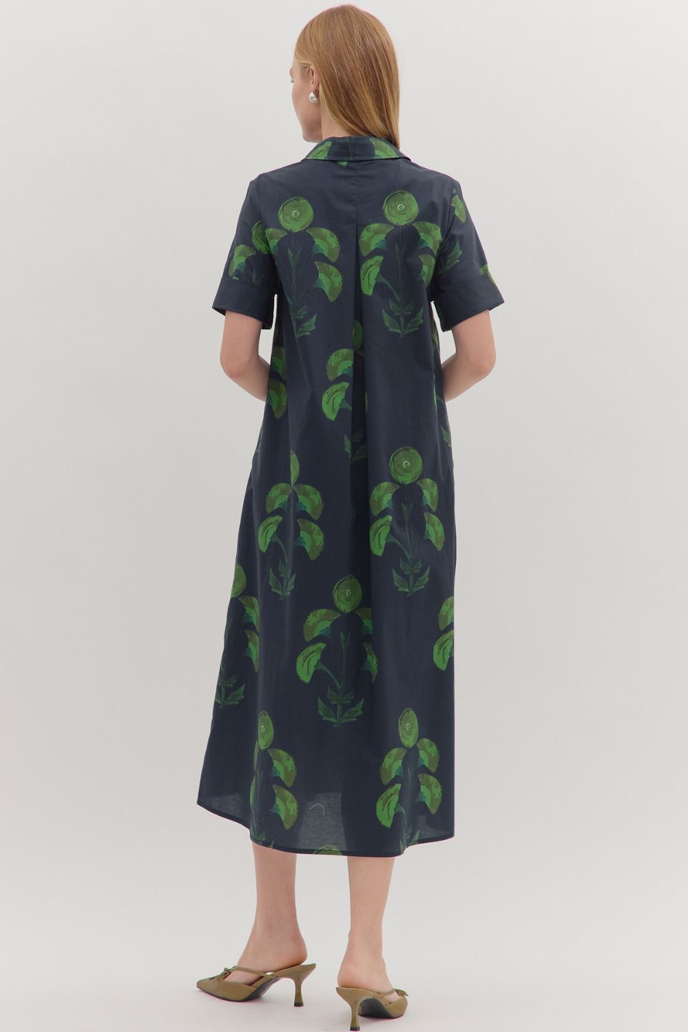 Navy Short Sleeve Dress with Green Floral Print