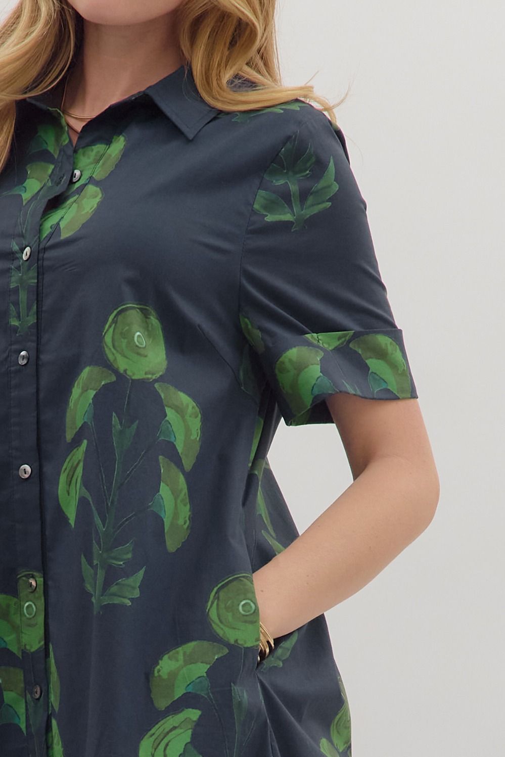Navy Short Sleeve Dress with Green Floral Print