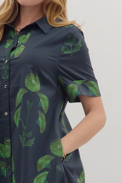 Navy Short Sleeve Dress with Green Floral Print