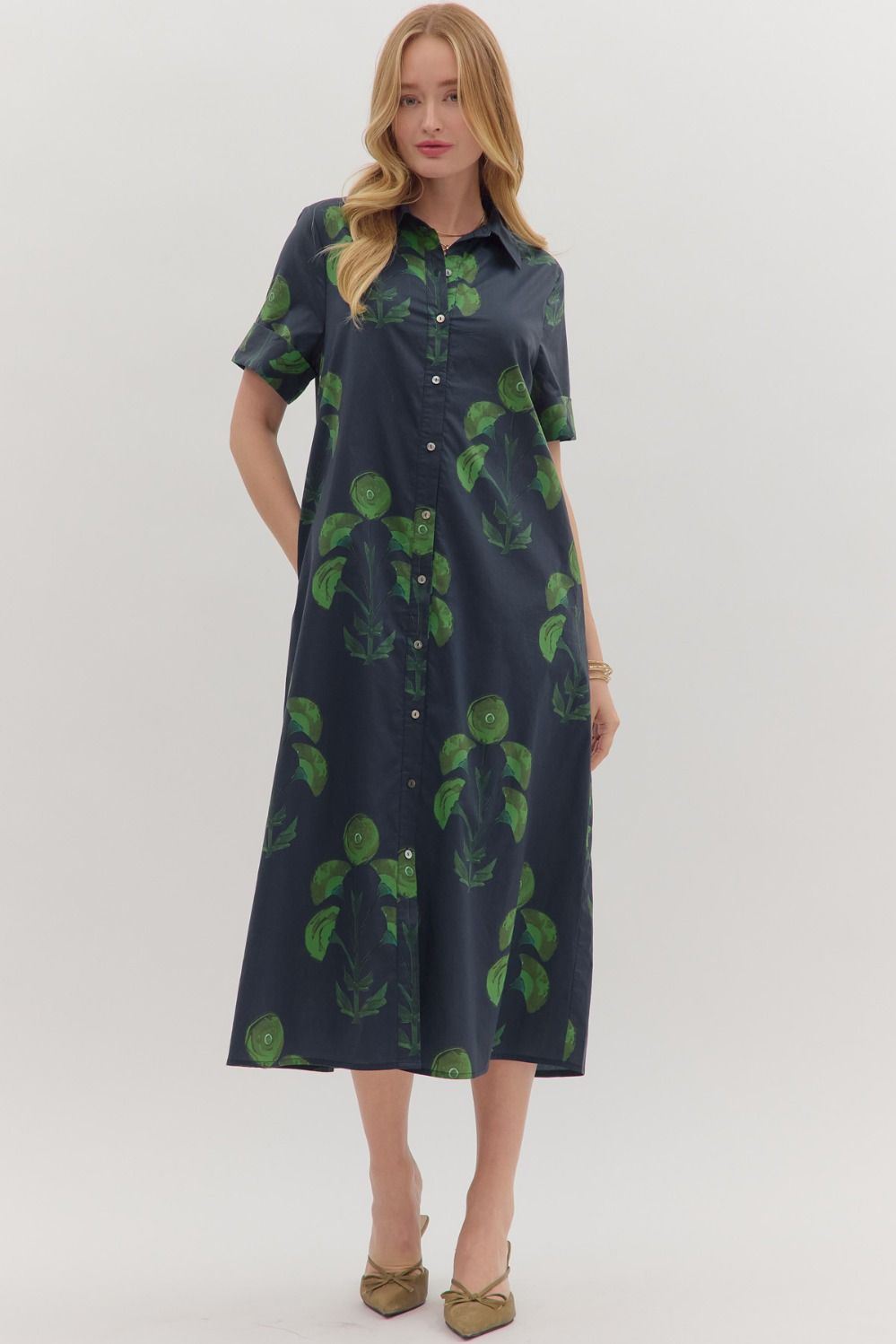 Navy Short Sleeve Dress with Green Floral Print