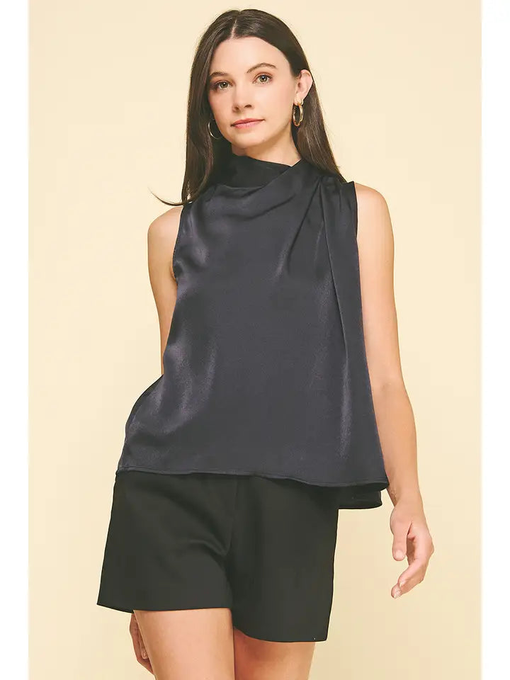Navy Twisted Detail Silky Top