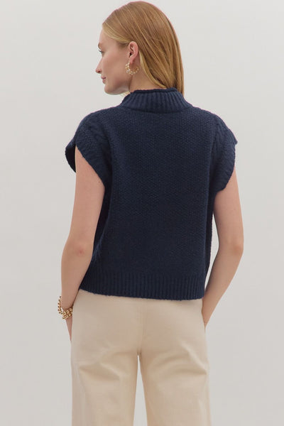 Navy Sweater Vest with Mock Rolled Neck and Cable Knit