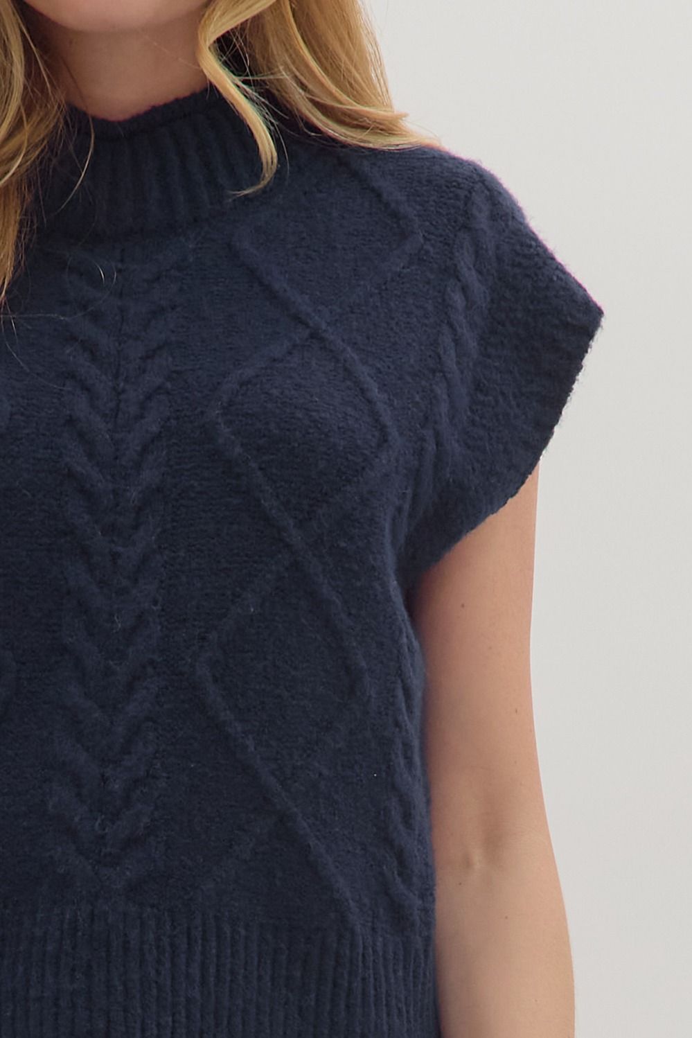 Navy Sweater Vest with Mock Rolled Neck and Cable Knit