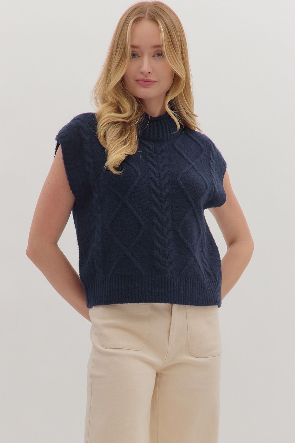 Navy Sweater Vest with Mock Rolled Neck and Cable Knit