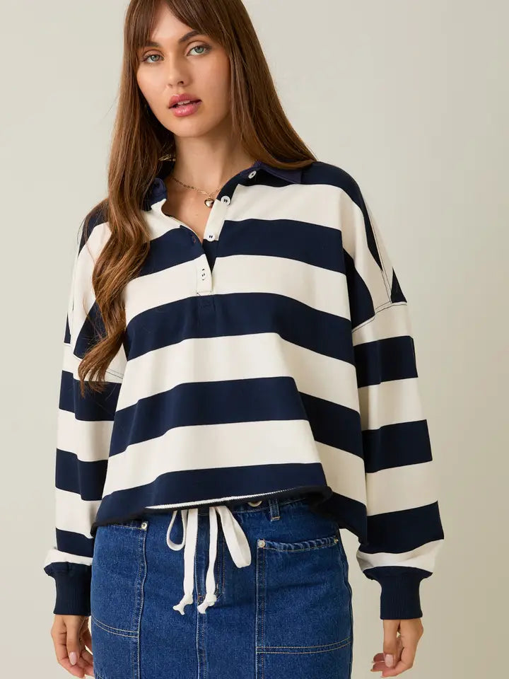 Rugby Polo Top in Stripe with Front Buttons