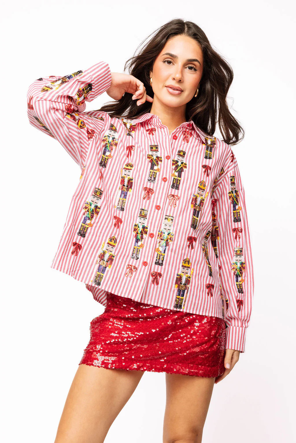 Red Stripe Scattered Nutcracker and Bow Cotton Button Up Top QOS