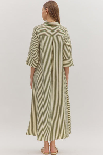 Olive Striped 3/4 Sleeve Midi Dress with Hidden Button Closure