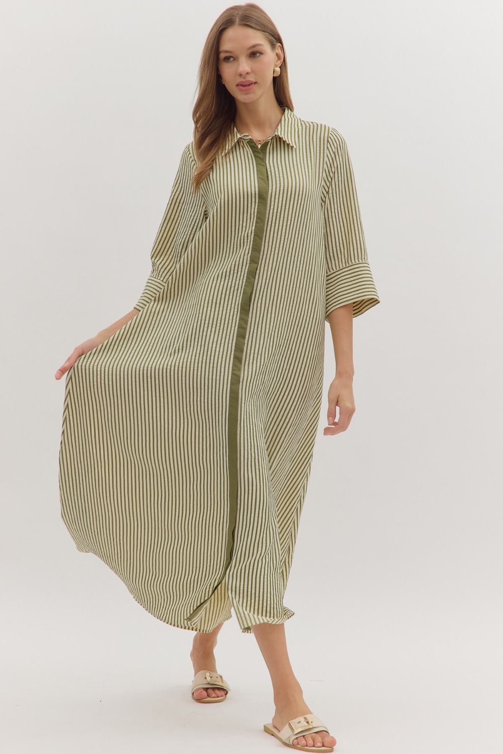 Olive Striped 3/4 Sleeve Midi Dress with Hidden Button Closure