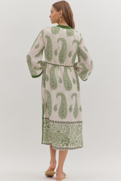 Paisley Print Long Sleeve Midi Dress