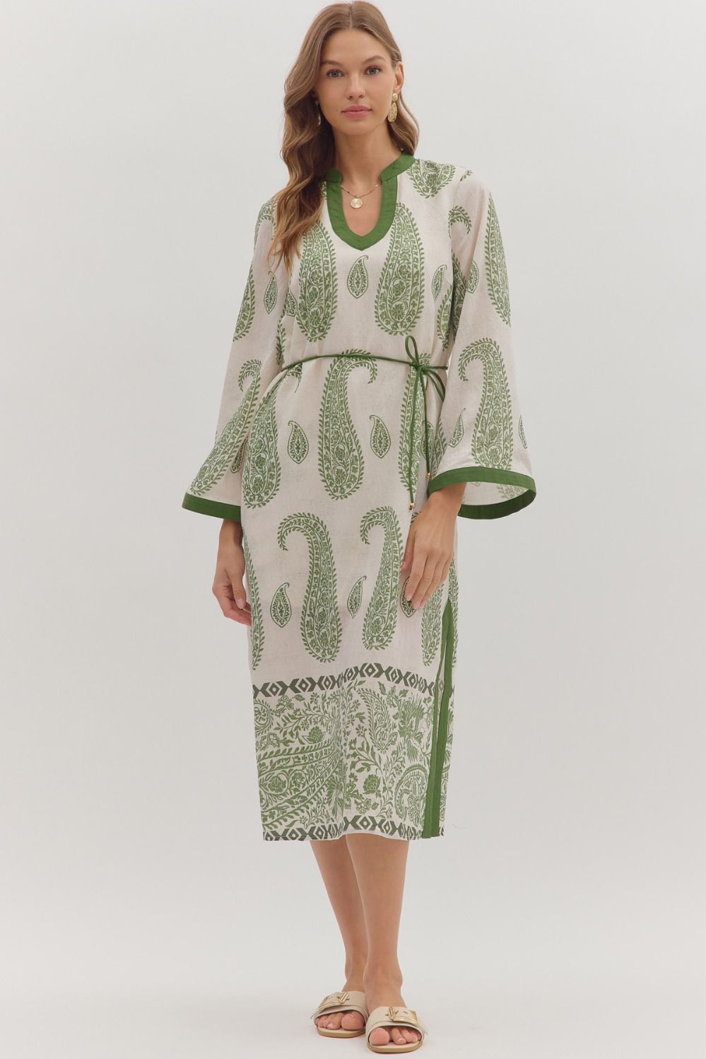Paisley Print Long Sleeve Midi Dress