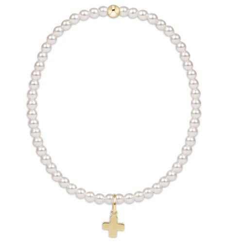 Classic Pearl 3mm Bead Bracelet Signature Gold Cross Charm