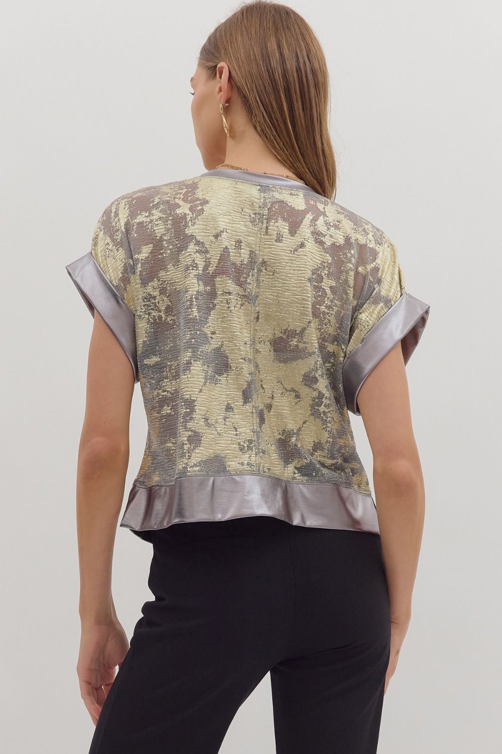 Metallic Short Sleeve Sheer Top in Pewter and Gold