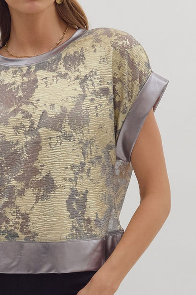 Metallic Short Sleeve Sheer Top in Pewter and Gold
