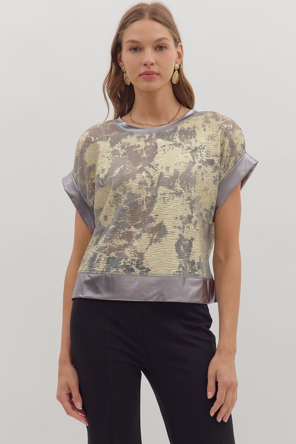 Metallic Short Sleeve Sheer Top in Pewter and Gold