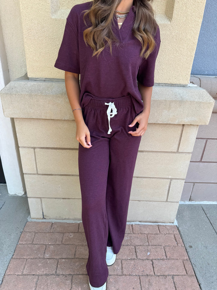 Bobi Drop Shoulder Short Sleeve Polo and Wide Leg Drawstring Pant Set in Port