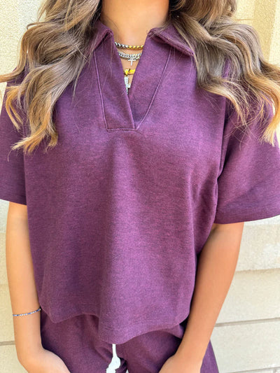 Bobi Drop Shoulder Short Sleeve Polo and Wide Leg Drawstring Pant Set in Port