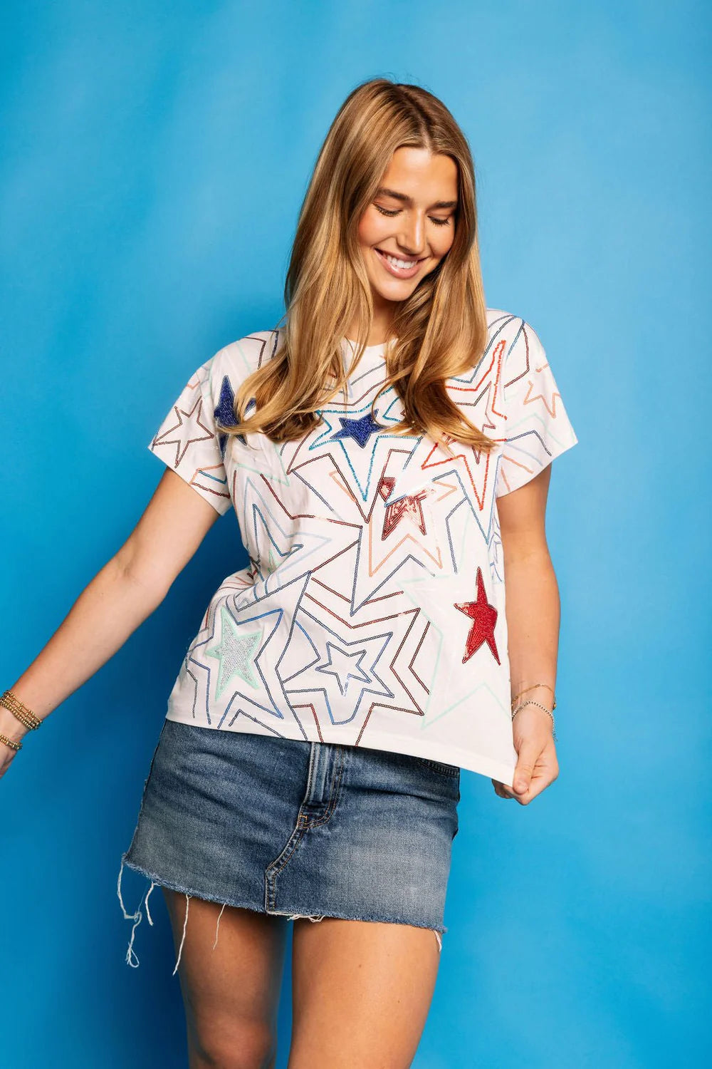 Queen of Sparkles - White, Red & Blue Groovy Star Tee