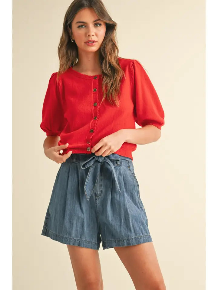 Red Puff Short Sleeve Button Down Knit Cardigan