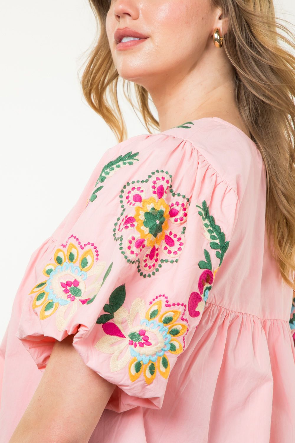 Pink Embroidered Detail Sleeve Top